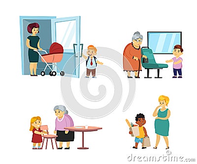 polite children. good manners kids helping and giving way to adults. Vector cartoon characters Stock Photo