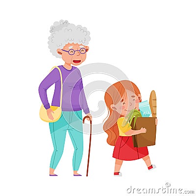 Polite Girl Carrying Shopping Bag Helping Senior Woman Vector Illustration Vector Illustration