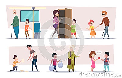 Polite kids. Children helping elderly characters kids giveaway and thank each other exact vector colored cartoon set Vector Illustration