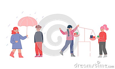 Polite and Kind Kids Sharing Umbrella in Rainy Day and Balancing Scale Weight Vector Set Vector Illustration