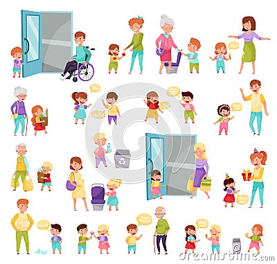 Polite Little Boy and Girl Showing Good Upbringing and Manner Big Vector Set Vector Illustration