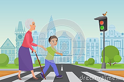 Polite little boy helps smiling old woman to pass the road at a pedestrian crossing while the green light shines Vector Illustration