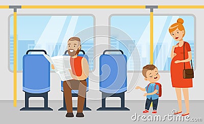 Polite little boy offering seat in transport to pregnant woman. Well mannered kid, good manners and respect cartoon Vector Illustration