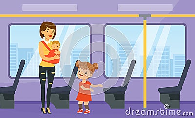 Polite little girl offering seat in transport to young woman with baby. Well mannered kid, good manners and respect Vector Illustration