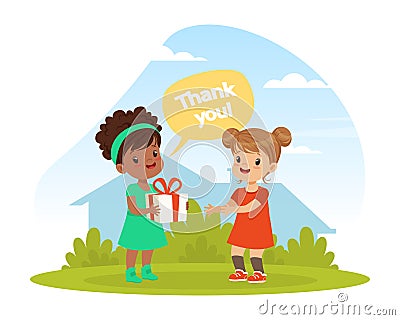 Polite little girl thanking her friend for gift. Well mannered kid, good manners and respect cartoon vector Vector Illustration