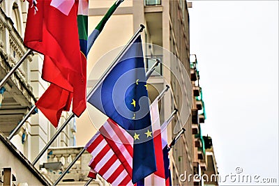 Flags of European Union, USA, Japan, Russia. Editorial Stock Photo