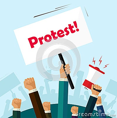 Politic protest signs crowd of people protesters revolution placard cartoon Vector Illustration