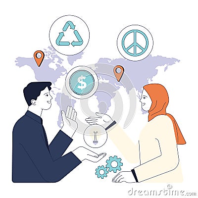 Political action. Diverse people involved in global education, economic Vector Illustration