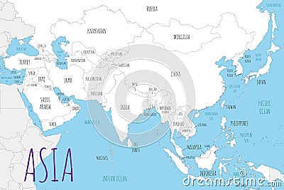 Political Asia Map vector illustration with countries in white color Vector Illustration