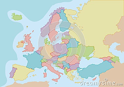 Political blank map of Europe with colors and borders for each country. Vector Illustration