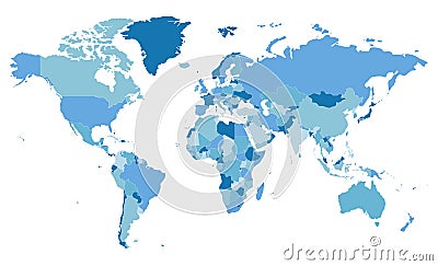 Political blank World Map vector illustration with different tones of blue for each country. Vector Illustration