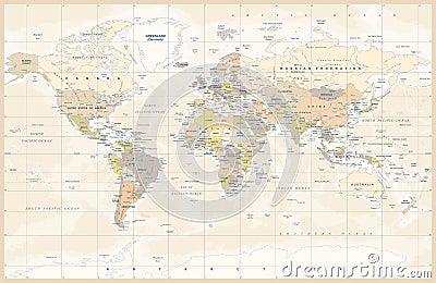 Political Colored Vintage World Map Vector Cartoon Illustration