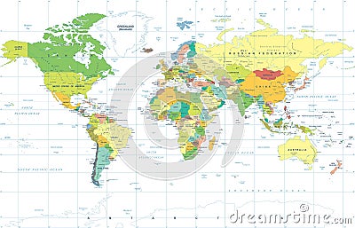 Political Colored World Map Vector Cartoon Illustration