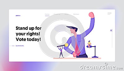 Political Conference Reportage Briefing Website Landing Page. Businessman Stand at Rostrum Speaking with Microphones Vector Illustration