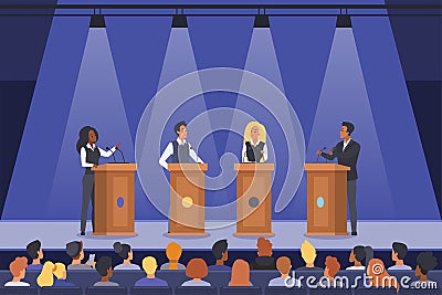 Political debates of speakers on podiums, politicians talking in front of audience Vector Illustration