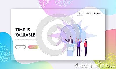 Political Debates Website Landing Page. People Support Speaker Candidate Standing on Tribune Giving Speech Vector Illustration