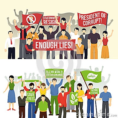 Political And Ecological Demonstrations Horizontal Banners Vector Illustration