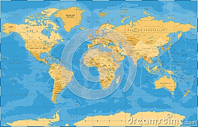 Political Golden Blue World Map Vector Cartoon Illustration