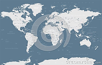 Political Grayscale World Map Vector Cartoon Illustration