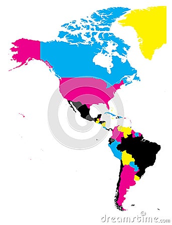 Political map of Americas in CMYK colors on white background. North and South America. Simple flat vector illustration Vector Illustration