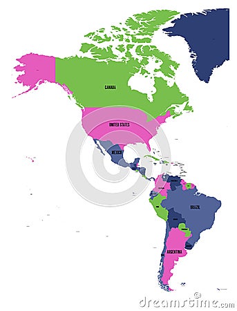 Political map of Americas in four colors on white background. North and South America with country labels. Simple flat Vector Illustration