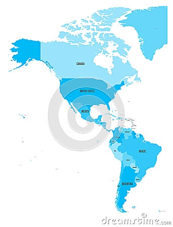 Political map of Americas in four shades of blue on white background. North and South America with country labels Vector Illustration