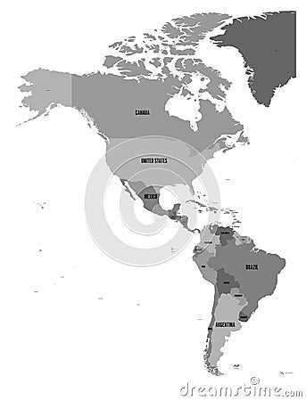 Political map of Americas in four shades of grey on white background. North and South America with country labels Vector Illustration