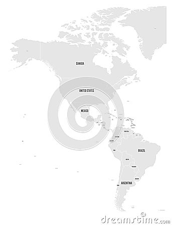 Political map of Americas in grey on white background. North and South America with country labels. Simple flat vector Vector Illustration