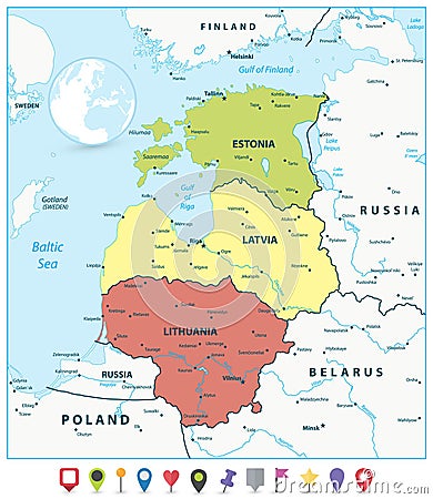 Political Map of the Baltic States and Flat Map Pointers Vector Illustration