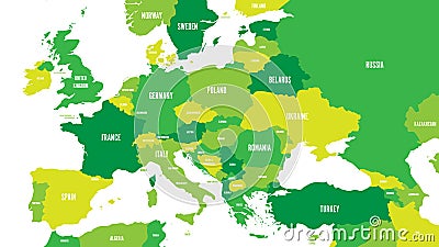 Political map of Europe and Caucasian region in shades of green on white background. Simple flat vector illustration Vector Illustration