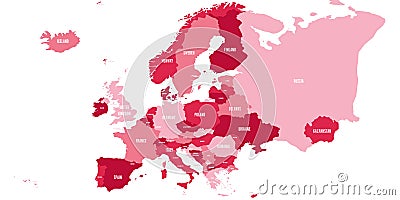 Political map of Europe continent in four shades of maroon with white country name labels and isolated on white Vector Illustration