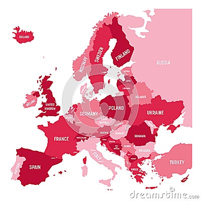 Political map of Europe continent in four shades of pink with white country name labels and isolated on white background Vector Illustration
