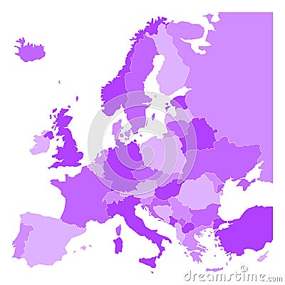 Political map of Europe in four shades of violet on white background. Vector illustration Vector Illustration