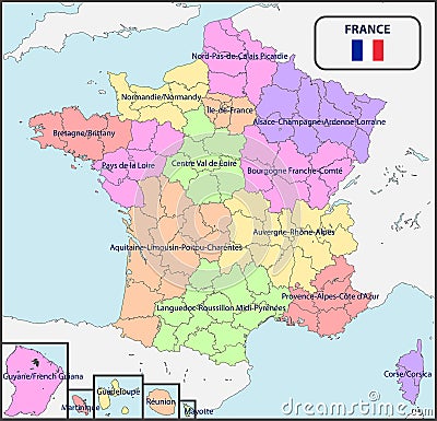 Political Map of France with Names Vector Illustration