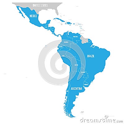 Political map of Latin America. Latin american states blue highlighted in the map of South America, Central America and Vector Illustration