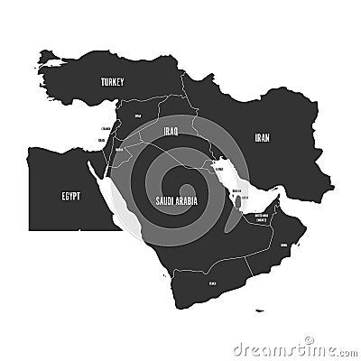 Political map of Middle East, or Near East, in grey. Simple flat vector ilustration Vector Illustration