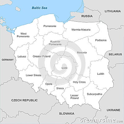 Political map of Poland with borders with borders of regions Vector Illustration