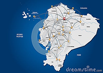 Political map of the Republic of Ecuador with gray lines interconnecting the capitals of each province Vector Illustration