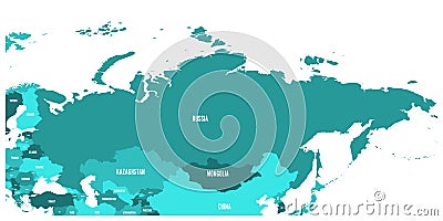 Political map of Russia and surrounding European and Asian countries. Four shades of turquoise blue map with white Vector Illustration