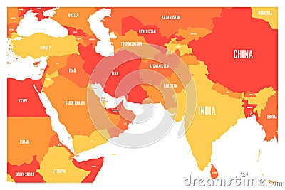 Political map of South Asia and Middle East countries. Simple flat vector map in four shades of orange Vector Illustration