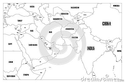 Political map of South Asia and Middle East countries. Simple flat vector outline map with country name labels Vector Illustration