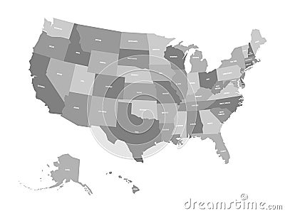 Political map of United States od America, USA. Simple flat vector map in four shades of grey with white state name Vector Illustration