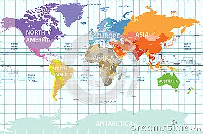 Political map of the world with all continents separated by color, labeled countries and oceans, and with enumerated longitudes an Vector Illustration