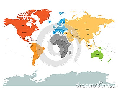 Political map of world with Antarctica. Continents in different colors on white background. Black labels with states and Vector Illustration