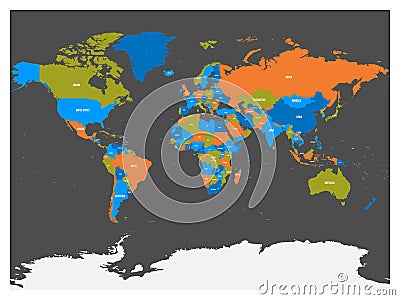 Political map of world with Antarctica. Countries in four different colors without borders on dark grey background Vector Illustration