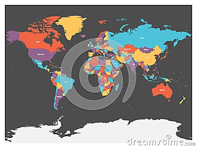 Political map of world with Antarctica. Countries in four different colors without borders on dark grey background Vector Illustration