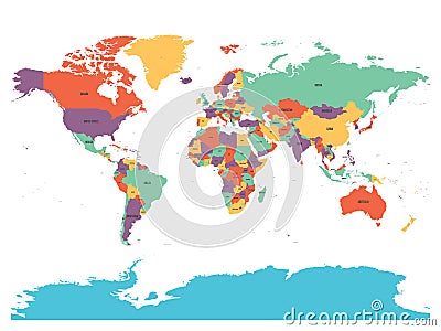 Political map of world with Antarctica. Countries in four different colors without borders on white background. Black Vector Illustration