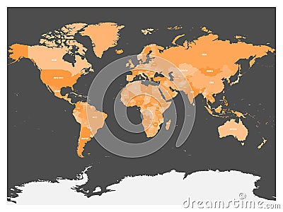 Political map of world with Antarctica. Countries in four shades of orange without borders on dark grey background Vector Illustration