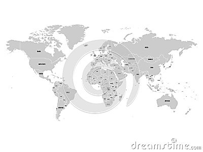 Political map of world with Antarctica. Grey land, white borders on white background. Black labels of states and Vector Illustration