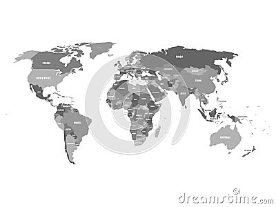 Political map of World in shades of turquoise blue with white country name labels. Isolated on white background. Vector Vector Illustration